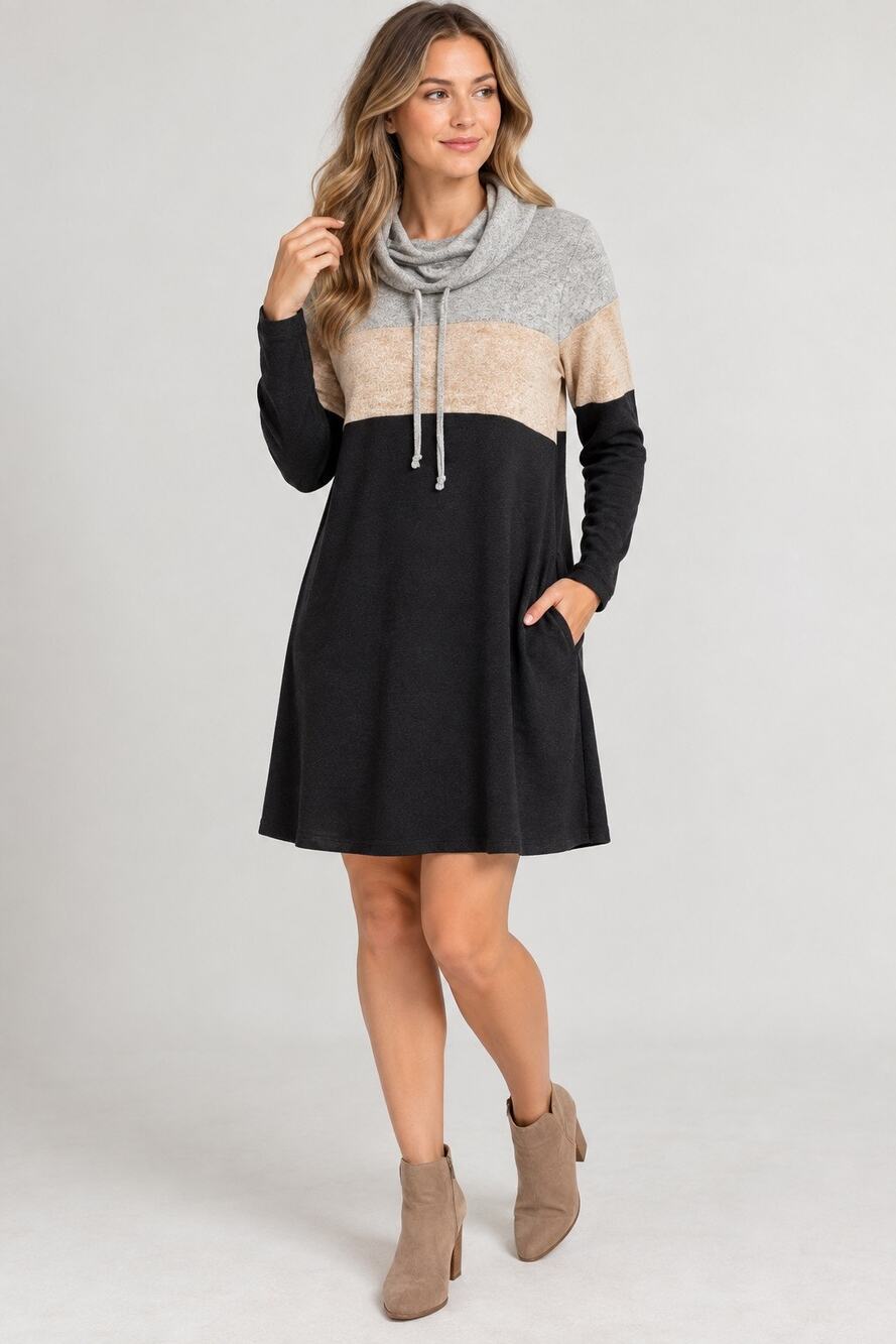 Market & Spruce Cameron Cozy Hacci Dress Women’s L Colorblock Cowl Neck NWT